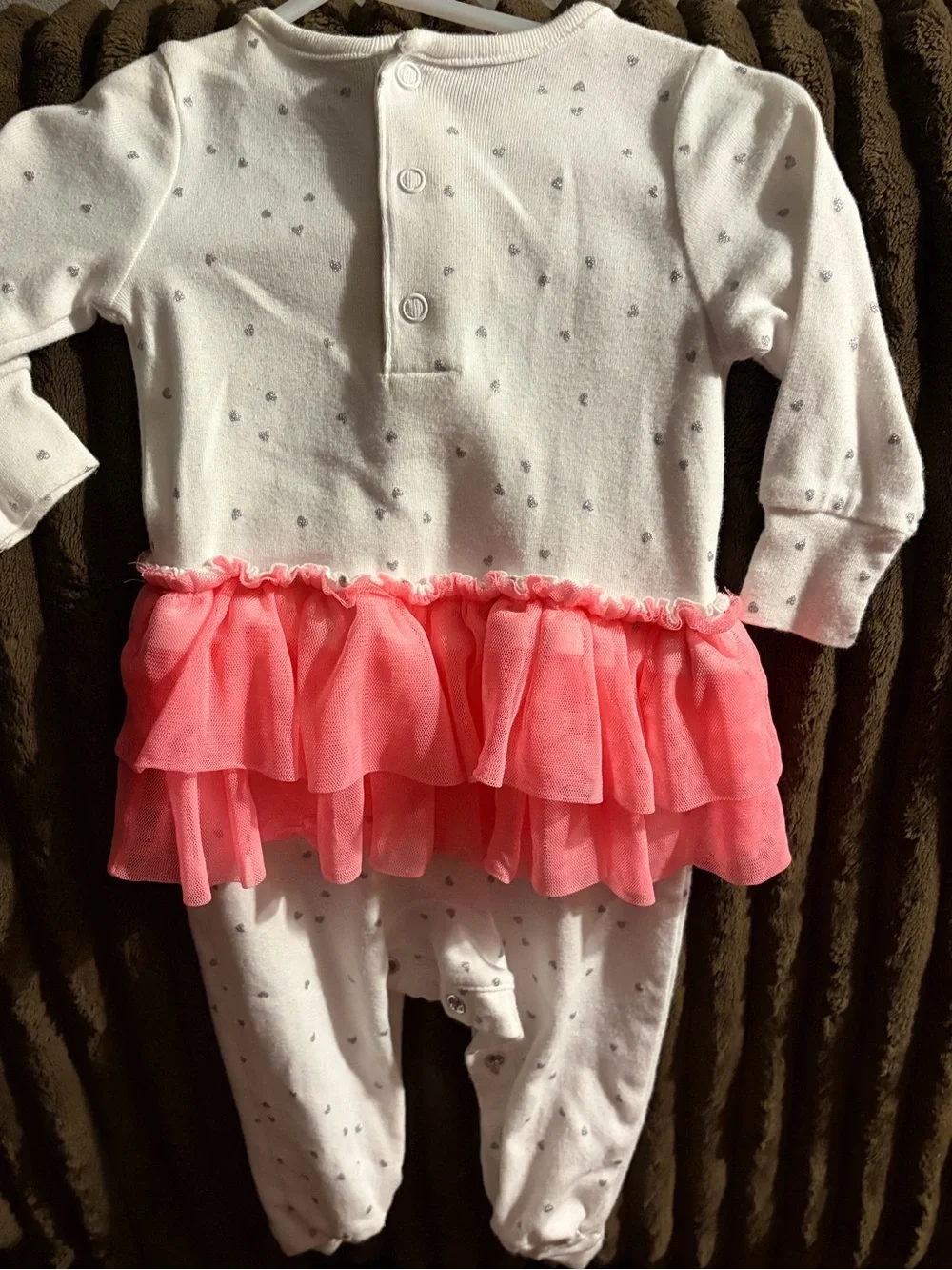 White Baby Footed Ruffle Romper with Pink Heart